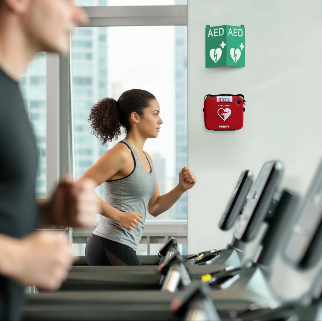 Vrouw op een loopband in een sportschool met een AED en AED-bord aan de muur