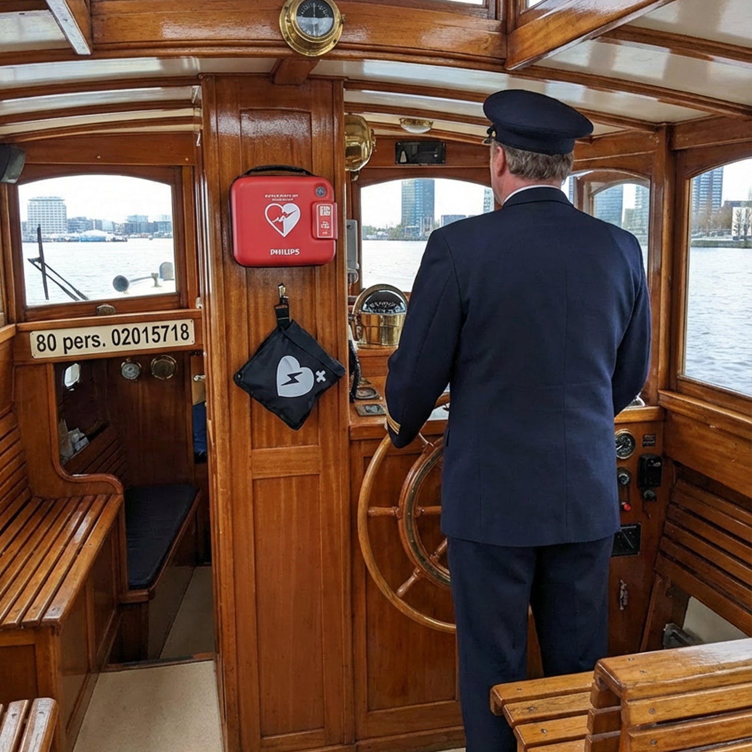 Is er een AED aan boord van het vliegtuig, de trein of een schip?